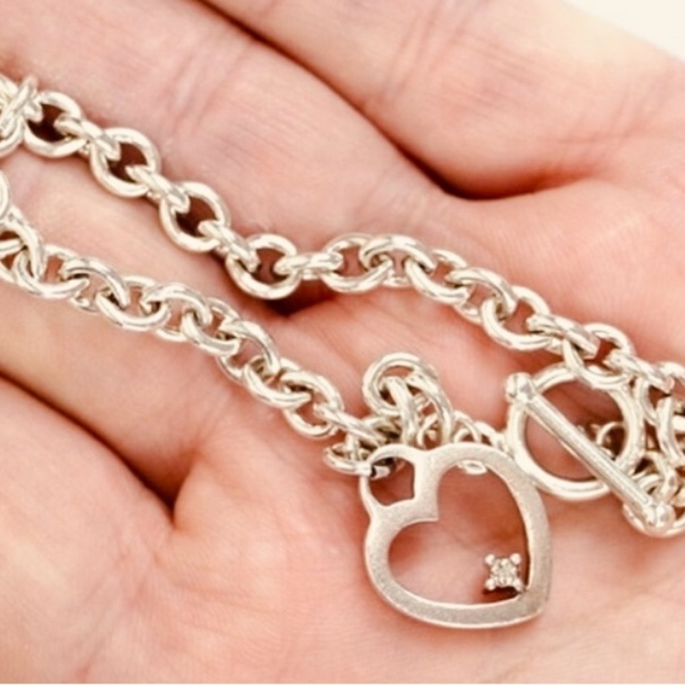 .925 Sterling Silver Heart Charm Toggle Bracelet w/ Diamond Accent Chunky Chain